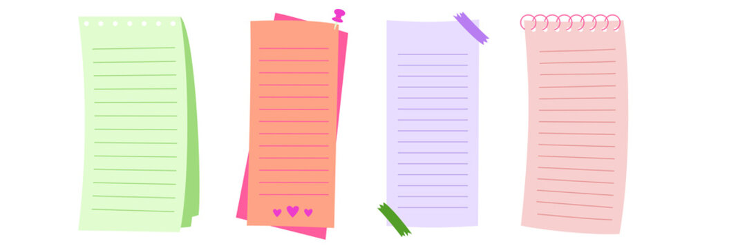 Set of four colorful lined paper notes with sticky tabs and spiral binding for to-do lists and reminders isolated on a transparent background