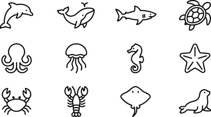 Sea Life and Marine Animals Line Icon Set with Dolphin Whale Shark Turtle Octopus Jellyfish Seahorse Crab Lobster and Starfish Graphic Designs © Ashik 