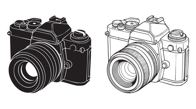 black silhouette with line art vector vintage cameras featuring camera, photography