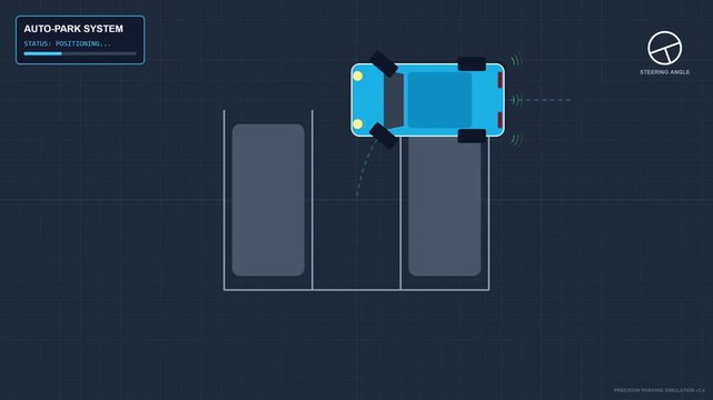 Autonomous car parking simulation. Precision vehicle self-parking system in a modern parking garage.