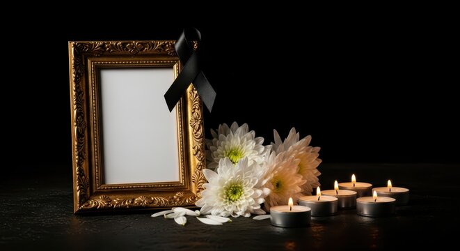 Memorial Gold Frame with Black Ribbon, White Chrysanthemums and Burning Candles on Dark Background for Funeral Remembrance