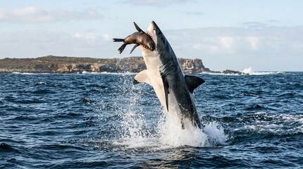 Naklejka premium Great White Shark Breaching the Water Surface Hunting a Seal.