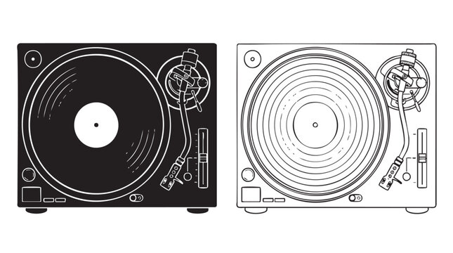 turntable with vinyl record black silhouette with line art vector