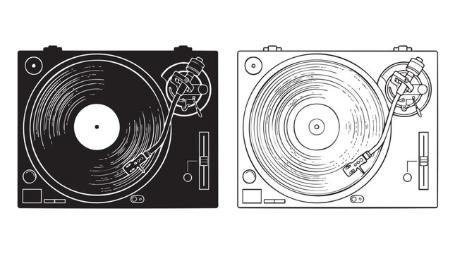vinyl record with line art vector on black silhouette turntable black silhouette black silhouette with line art vector