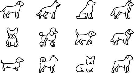 Popular Dog Breeds Line Icon Set with Retriever, German Shepherd, Husky, French Bulldog, Poodle, Beagle, Corgi, and Dachshund Symbols for Pet Care Designs © Ashik 