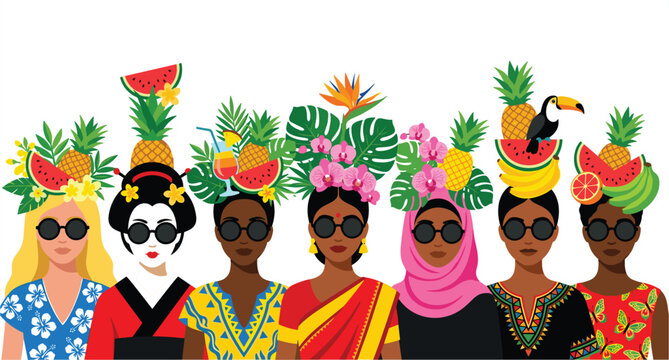 Diverse Women in Traditional Costumes with Tropical Fruit and Flower Hats Featuring Watermelon Pineapple Toucan and Monstera Leaves for Multi Cultural Summer Designs