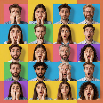 Origami Music Model. Ethnically Diverse People Express Various Emotions In A Multicolored Collage, Showcasing Different Human Emotions For A Team Job Fair Ad Concept