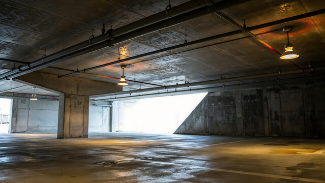 Low angle view of industrial underground concrete parking garage interior