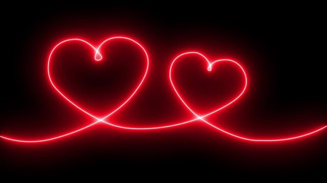Neon glowing Two love hearts concepts. Valentine's Day indicate. Love One line drawing concept. love card neon glowing icon. Bright glowing neon valentines love heart symbol animation.
