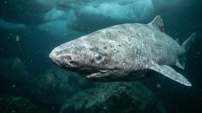 Greenland shark swimming in the deep cold Arctic ocean water.