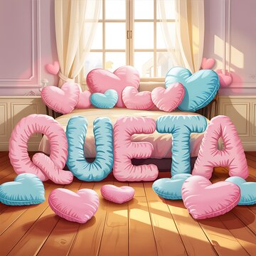 Soft pastel heart shaped pillows and large fabric letters spelling queta arranged on a bed in a bright bedroom with sunlight streaming in