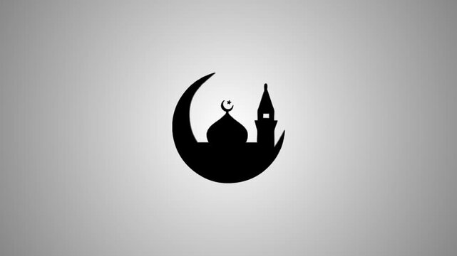 Islamic mosque silhouette inside crescent moon motion graphic with subtle lighting effects