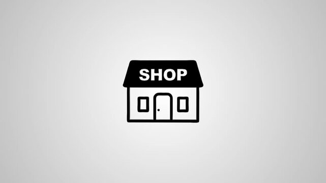 Minimalist black and white shop icon animation spinning and settling on center with professional shadow effect