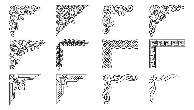 Vintage decorative corner borders set, 12 ornamental vector frames, classic floral and geometric scrollwork for wedding invitations and certificates