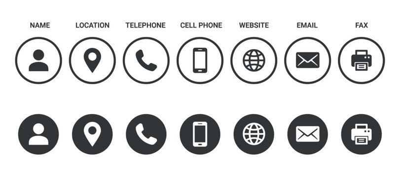 Contact information icons including person location and communication symbols person location