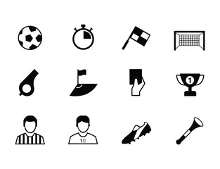 Soccer sports equipment glyph icons set. Features a soccer ball, stopwatch, referee flag, goal, whistle, corner flag, card, trophy, players, cleat, and vuvuzela. © Dark