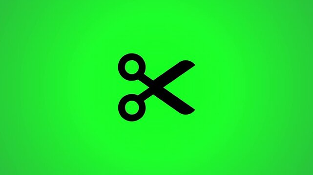 Animation of black scissors icon rotating and tilting on green screen background for video editing and motion graphics