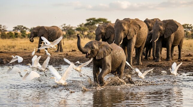 Herd of African Elephants Playing and Bathing in a Muddy Waterhole.