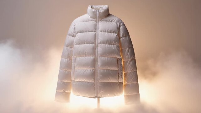 White puffer jacket displayed on mannequin stand with soft backlighting and mist