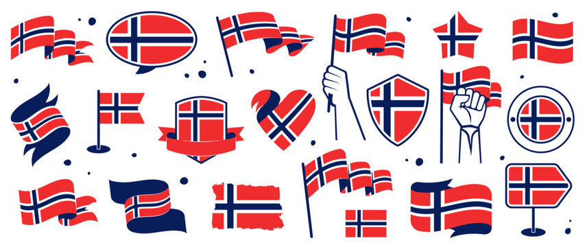 Norway Flag Set in Different Styles, Norwegian Pennants, Ribbons, Shields, Vector Design Elements