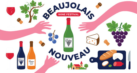 Obraz premium Beaujolais Nouveau Wine Festival Vector Illustration Set with Wine Bottles Glasses Grapes Cheese Bread and Reaching Hands for French Tasting Event Designs