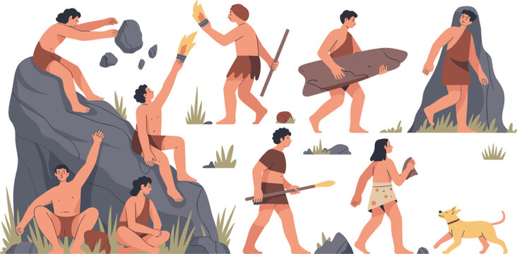 Stone Age Caveman Vector Character Set Featuring Primitive Prehistoric Humans Hunting with Spears Gathering Rocks Making Fire and Living in Caves with Animals