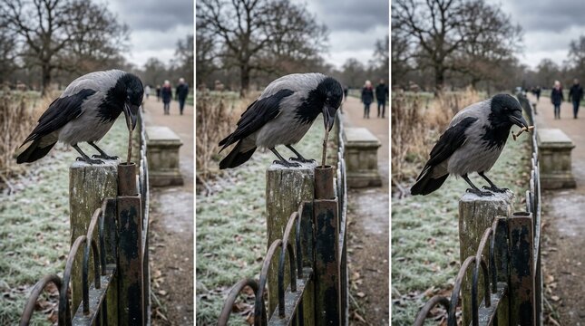 Hooded crow eating a snack while perched on a park fence.