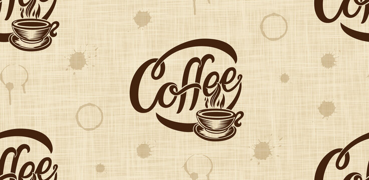 Vintage Coffee Seamless Pattern with Cup Lettering and Linen Texture