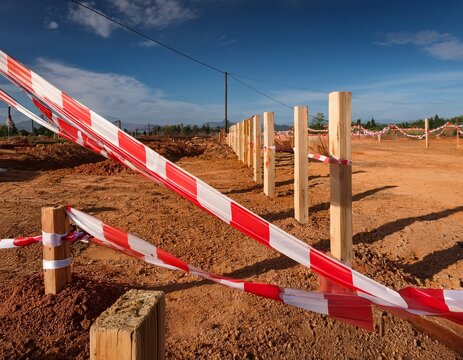 a construction site shows wooden stakes and red and white tape marking the boundaries of the area the ground is bare with some grass and dirt present indicating preparation for upcoming work