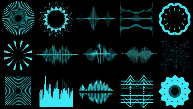 Audio Waveform Collection Sixteen Teal Vector Variations On Black Background acoustic amplitude analog broadcasting circular