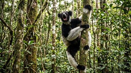 Fototapeta premium Indri lemur calling from a tree in Madagascar rainforest.