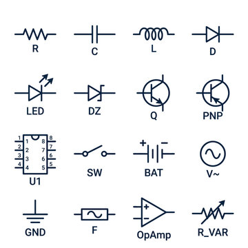 Electronic circuit symbols and components diagram.