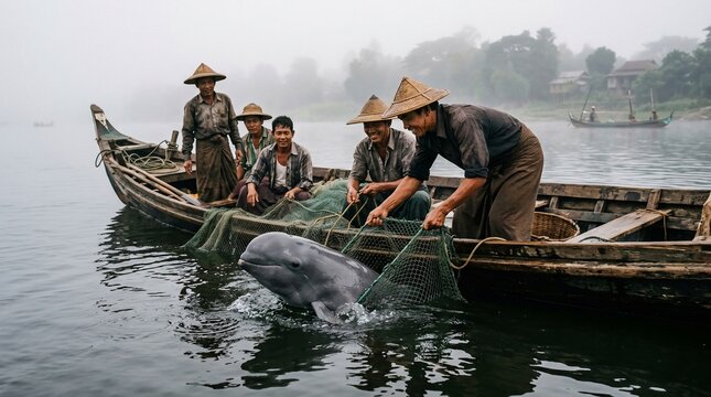 Irrawaddy dolphin and traditional fishermen working together in Myanmar.