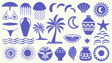Mediterranean Beach Silhouettes Collection A Blue Vector Illustration On Light Background summer ocean sea coast © Sribas