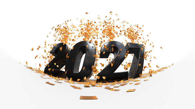 2027 New Year greeting card with black 3D numbers and gold confetti isolated on transparent background