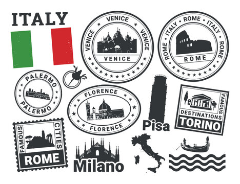 Italian City Stamps And Flag Vector Illustration Collection With Landmarks italy