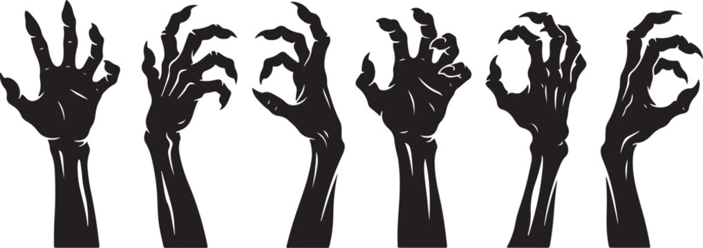 Set of 6 scary zombie hand silhouettes with long sharp claws reaching and grabbing, spooky monster arm collection for Halloween horror design isolated on white background
