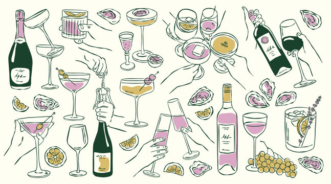 Popular cocktail vector illustrations in sketch style for greeting cards, wedding invites, posters, branding, logo design, backgrounds, and modern creative projects.