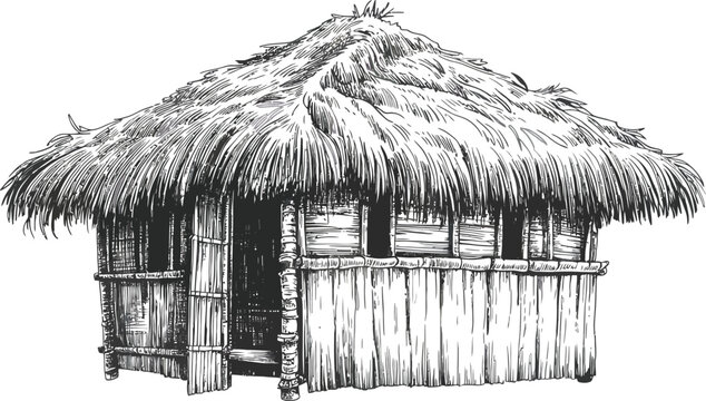 Vintage hand drawn tropical hut vector, rustic bamboo shack with thatched roof, traditional island bungalow sketch for travel and history design