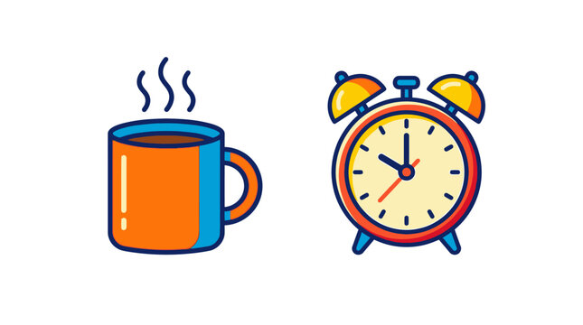 A steaming cup of coffee next to a colorful alarm clock