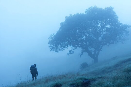 foggy morning trek with silhouette of backpacker