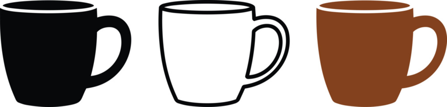Coffee cup icons set featuring black silhouette, line art and brown ceramic mug variants and tea and drink in outline style