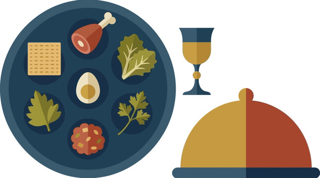 A traditional Seder plate with symbolic foods and a wine goblet for Passover