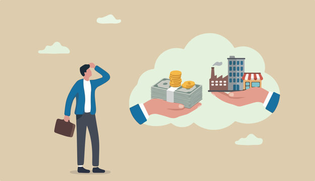 Company buyout, acquisition agreement or takeover, selling company offer or merger, franchise business concept, businessman offer money buy other hand offer company shop building