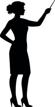Black silhouette of a professional female teacher or businesswoman pointing with a stick isolated on a white background vector illustration