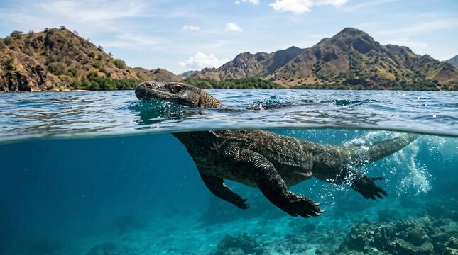 Komodo Dragon Swimming Underwater in Indonesia.