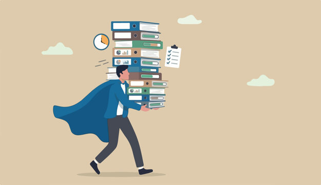Handle busy work, manage workload complete multitasks deadline organize paperwork documents, effective productive concept, businessman superhero carry load paperwork documents