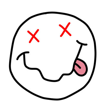 Dead smiley face illustration on black background.