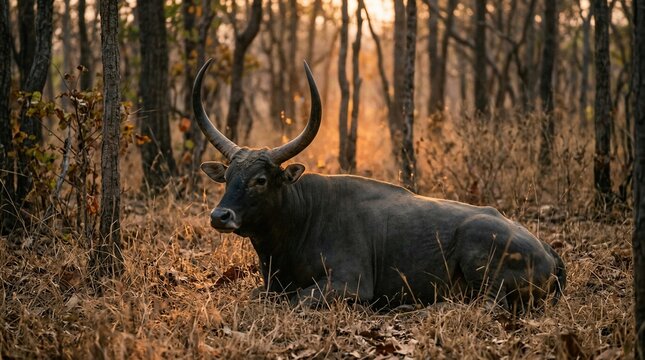 Large Ankole Watusi Cow Resting in an Autumnal Forest at Sunset.