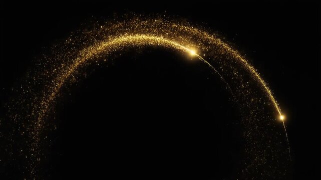 Golden glitter particle trail moving in an arc on a black background